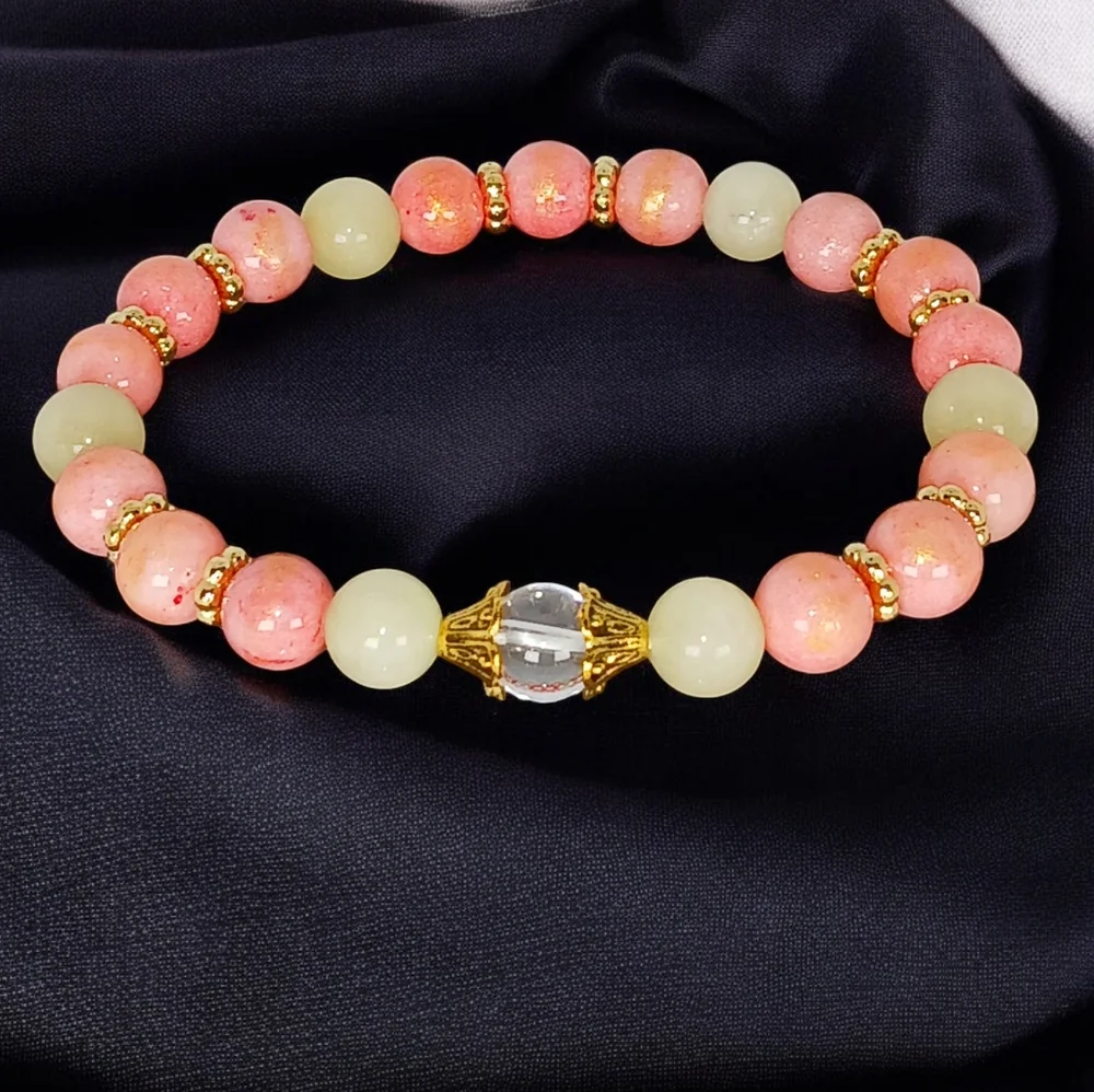 Peach Pink Mountain Jade Green Beryl & Clear Quartz Crystal Bracelet New Preppy